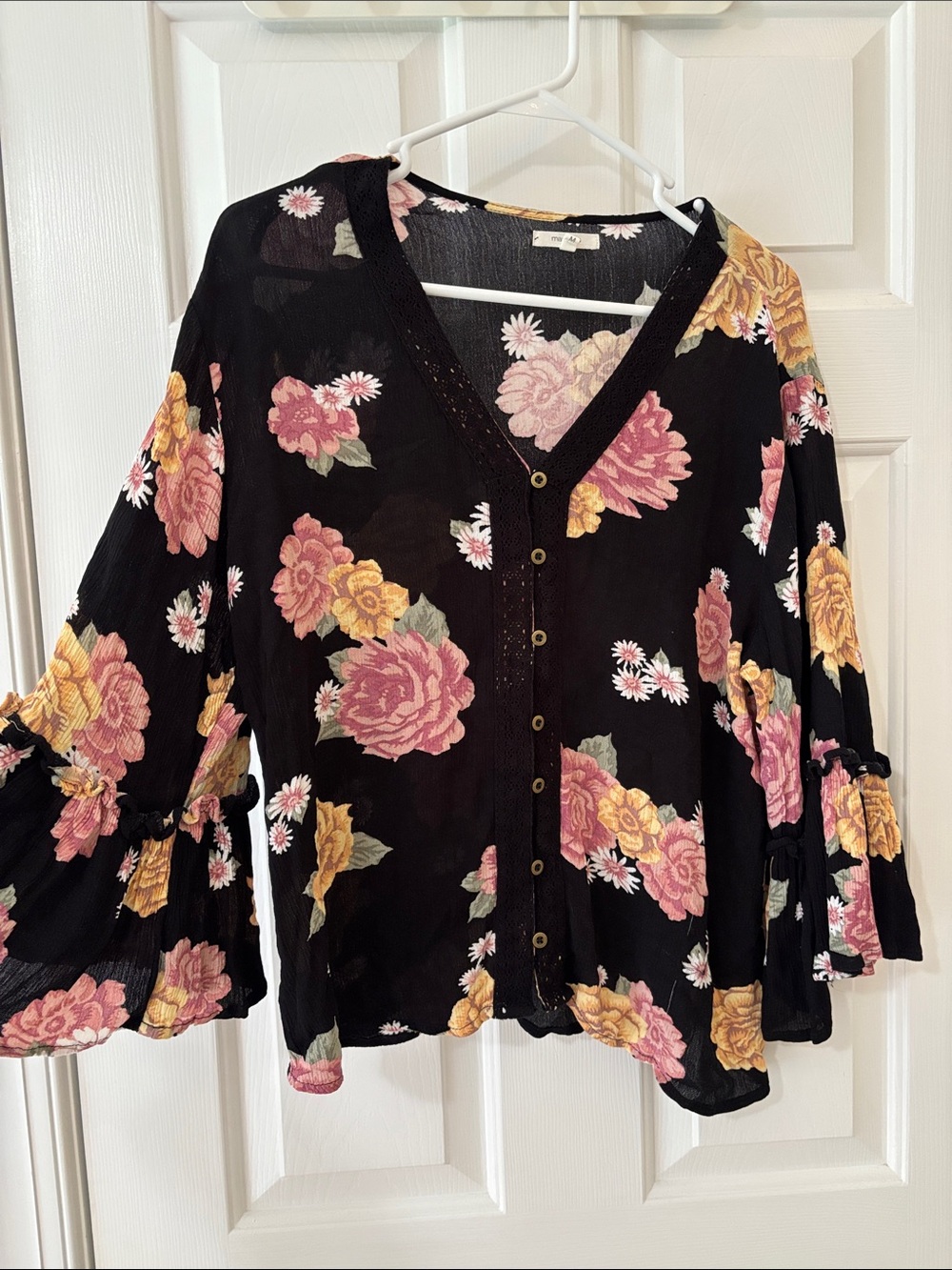 Maurices Black Button-Front Blouse with Pink & Yellow Floral Print